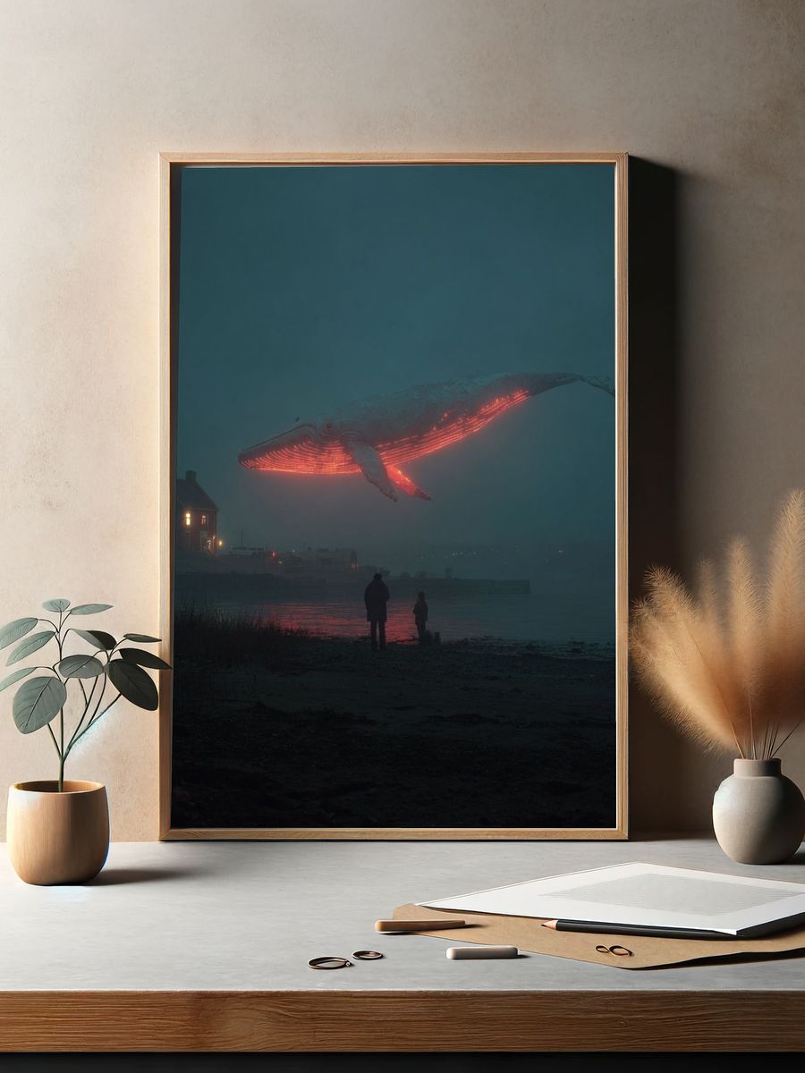 Glowing Whale Over Foggy Shore Print. — room view 2