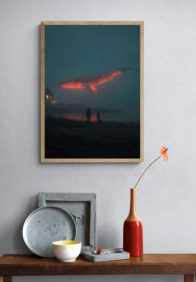 Glowing Whale Over Foggy Shore Print. — room view 3