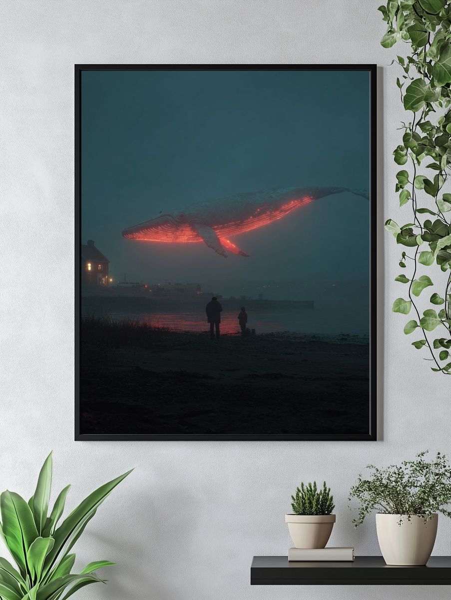 Glowing Whale Over Foggy Shore Print. — room view 4