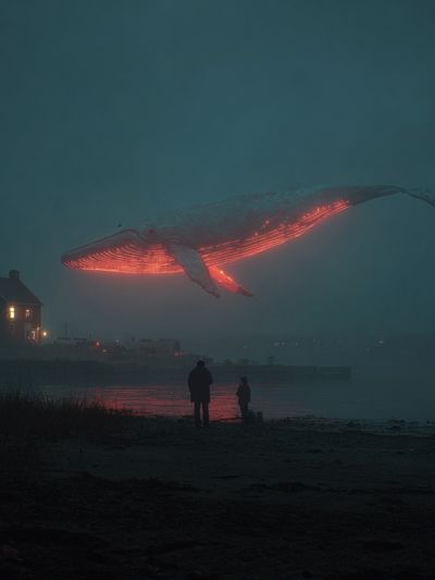 Glowing Whale Over Foggy Shore Print. poster print