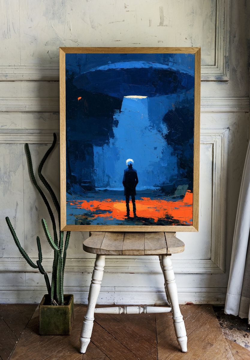 Lone Figure in Blue Abyss Print. room preview