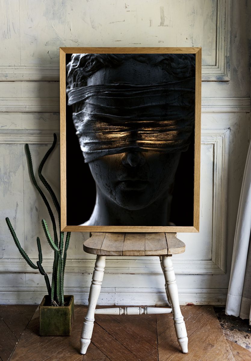Blindfolded Statue Surrealism Print. — room view 1