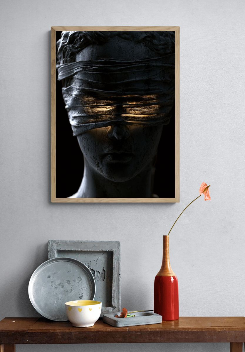 Blindfolded Statue Surrealism Print. — room view 3