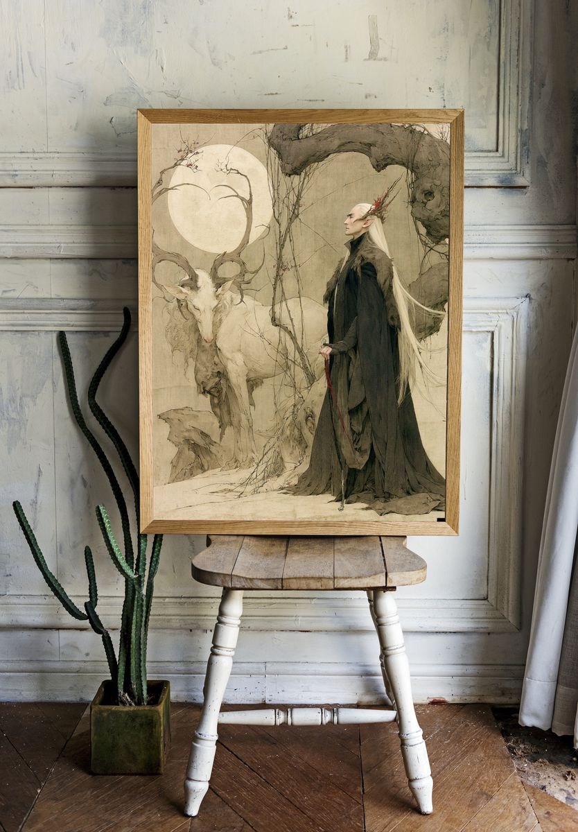 Elven Stag Fantasy Print. room preview