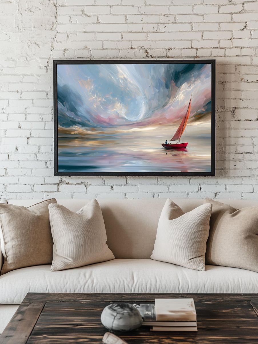 Red Sailboat Dreamscape Print. room preview