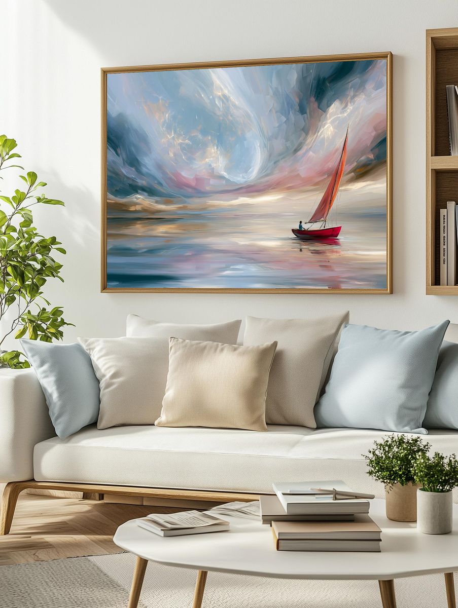 Red Sailboat Dreamscape Print. — room view 2