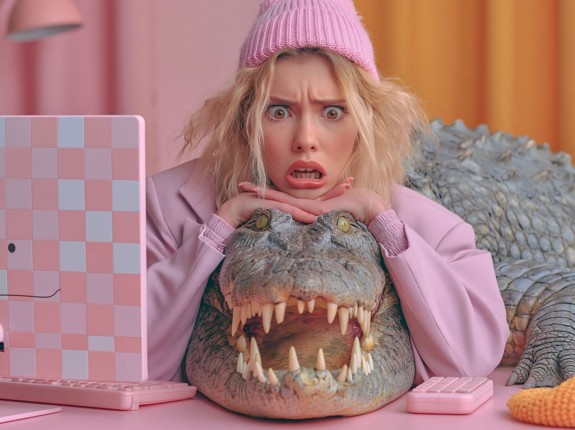 Surprised Woman with Crocodile Print. poster detail
