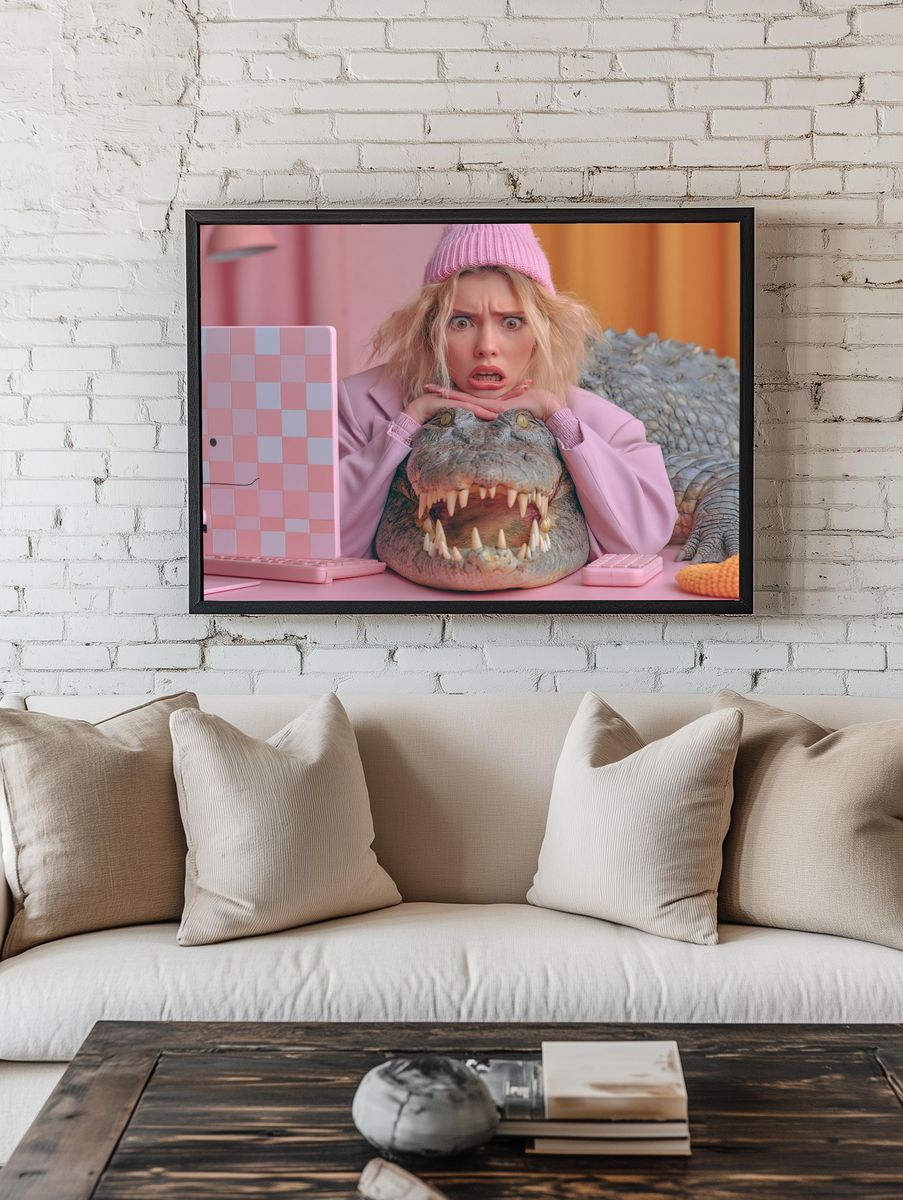 Surprised Woman with Crocodile Print. room preview