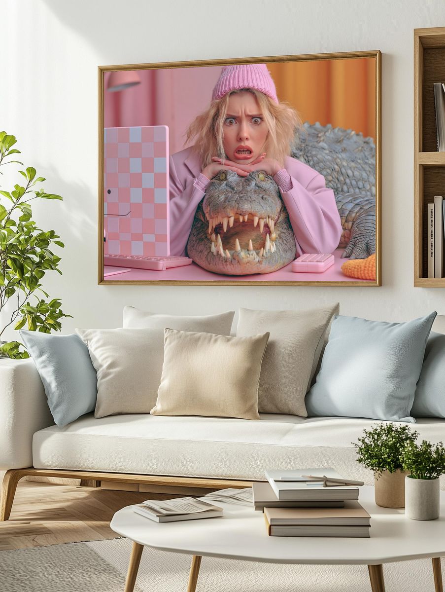 Surprised Woman with Crocodile Print. — room view 2