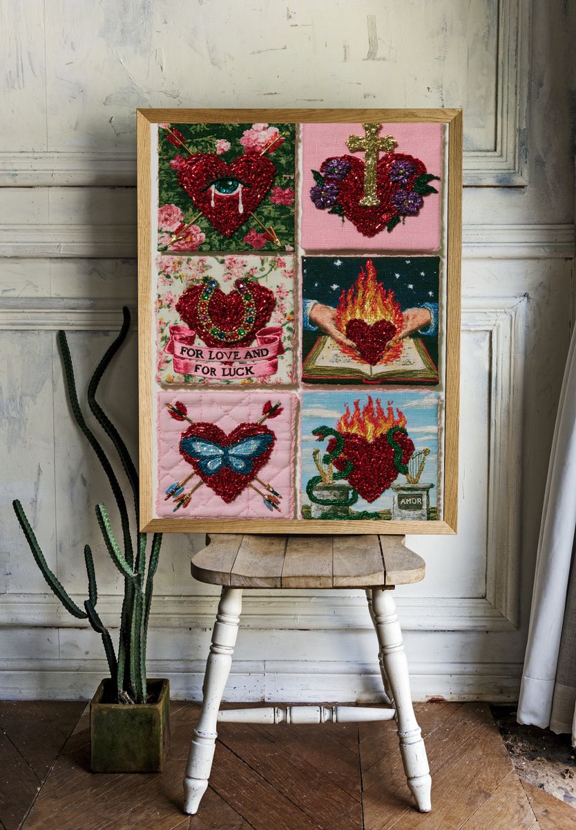 Embroidered Hearts Collage Print. room preview