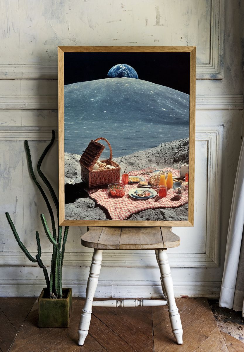 Lunar Picnic Surrealism Print. room preview