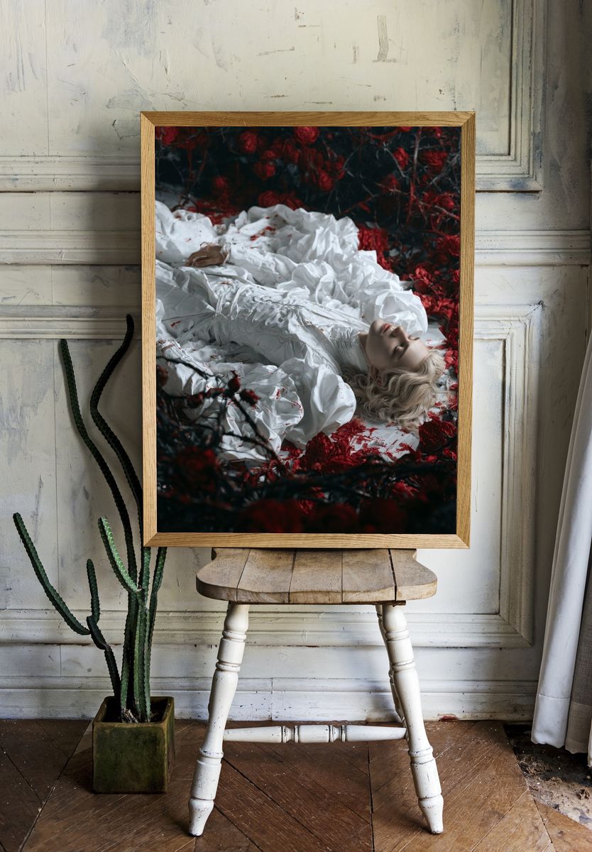 Surreal Red Roses Portrait Print. — room view 1