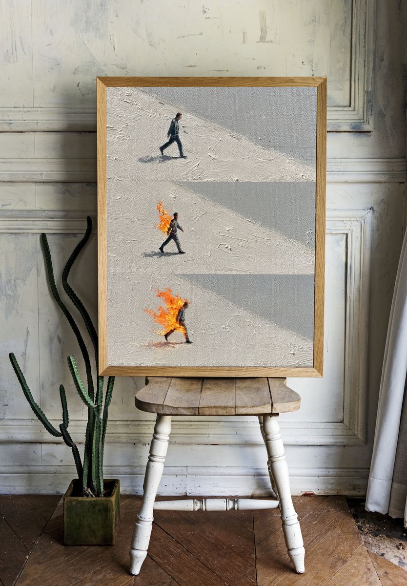 Burning Walk Surrealism Print. room preview