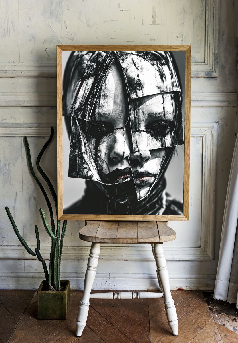 Fragmented Mask Portrait Print. room preview