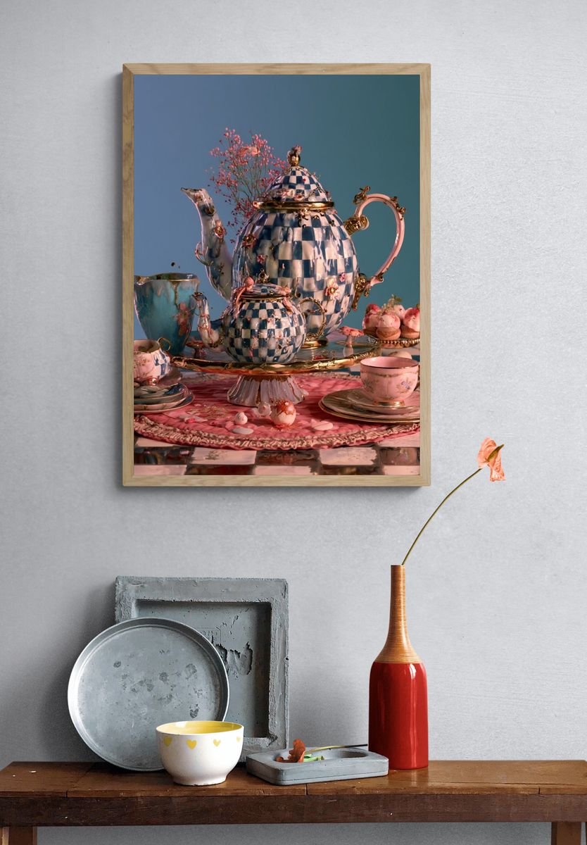 Whimsical Tea Set Still Life Poster. — room view 3