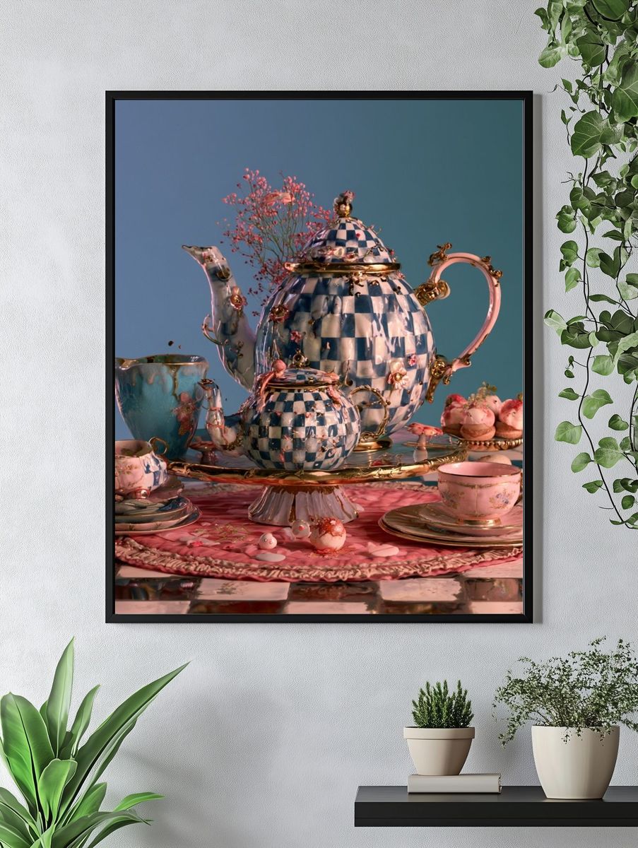 Whimsical Tea Set Still Life Poster. — room view 4