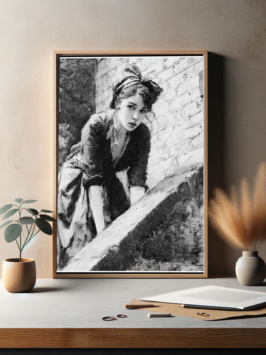 Woman on Stairway Sketch Poster. — room view 2