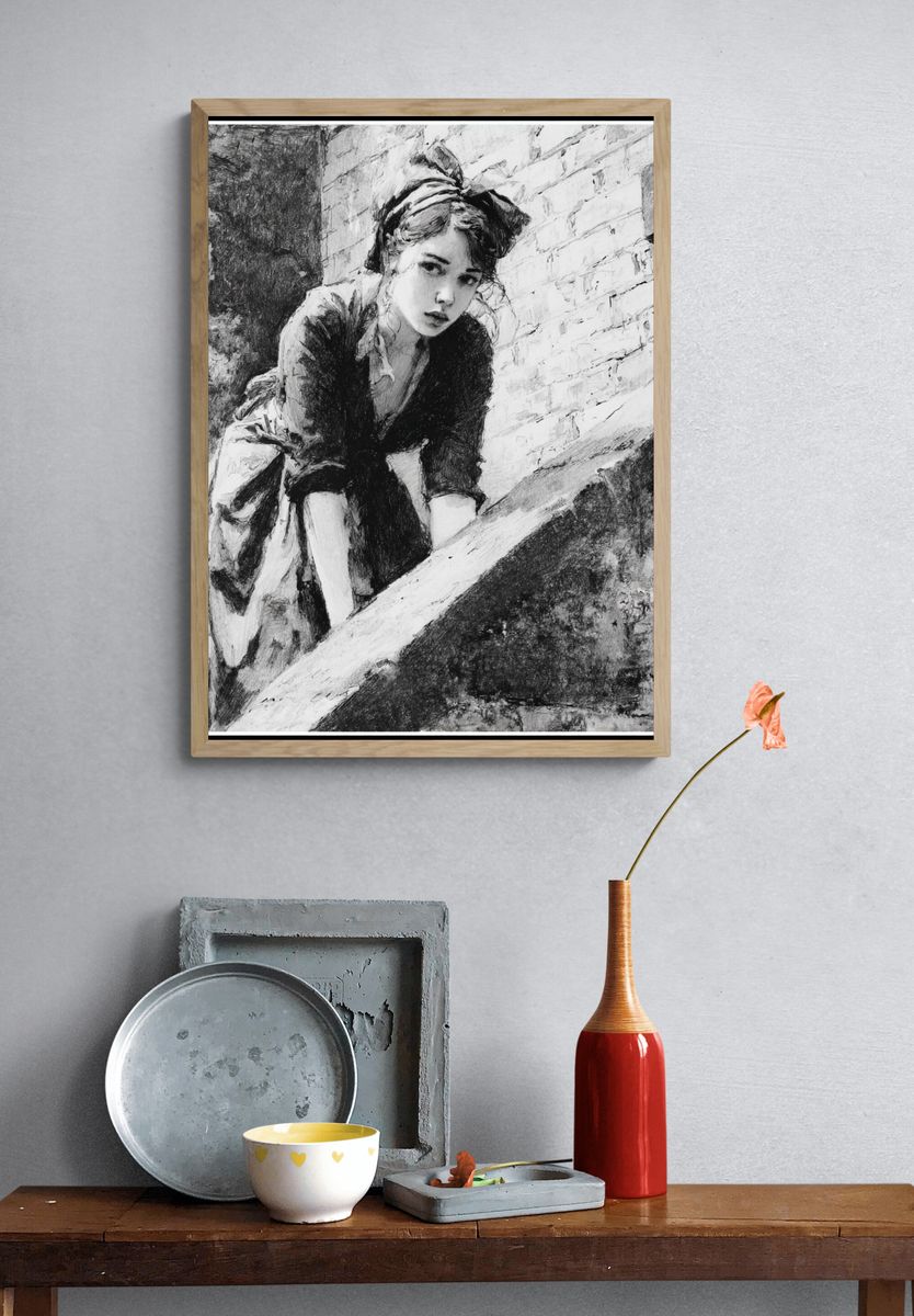 Woman on Stairway Sketch Poster. — room view 3