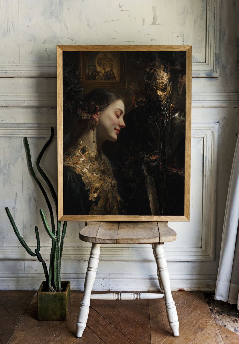 Gilded Portrait Surrealism Poster. room preview