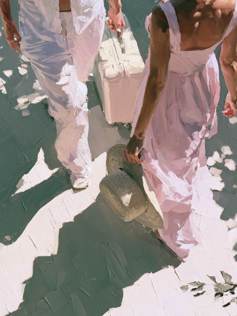 Couple Walking in Sunlit Street Poster. poster detail
