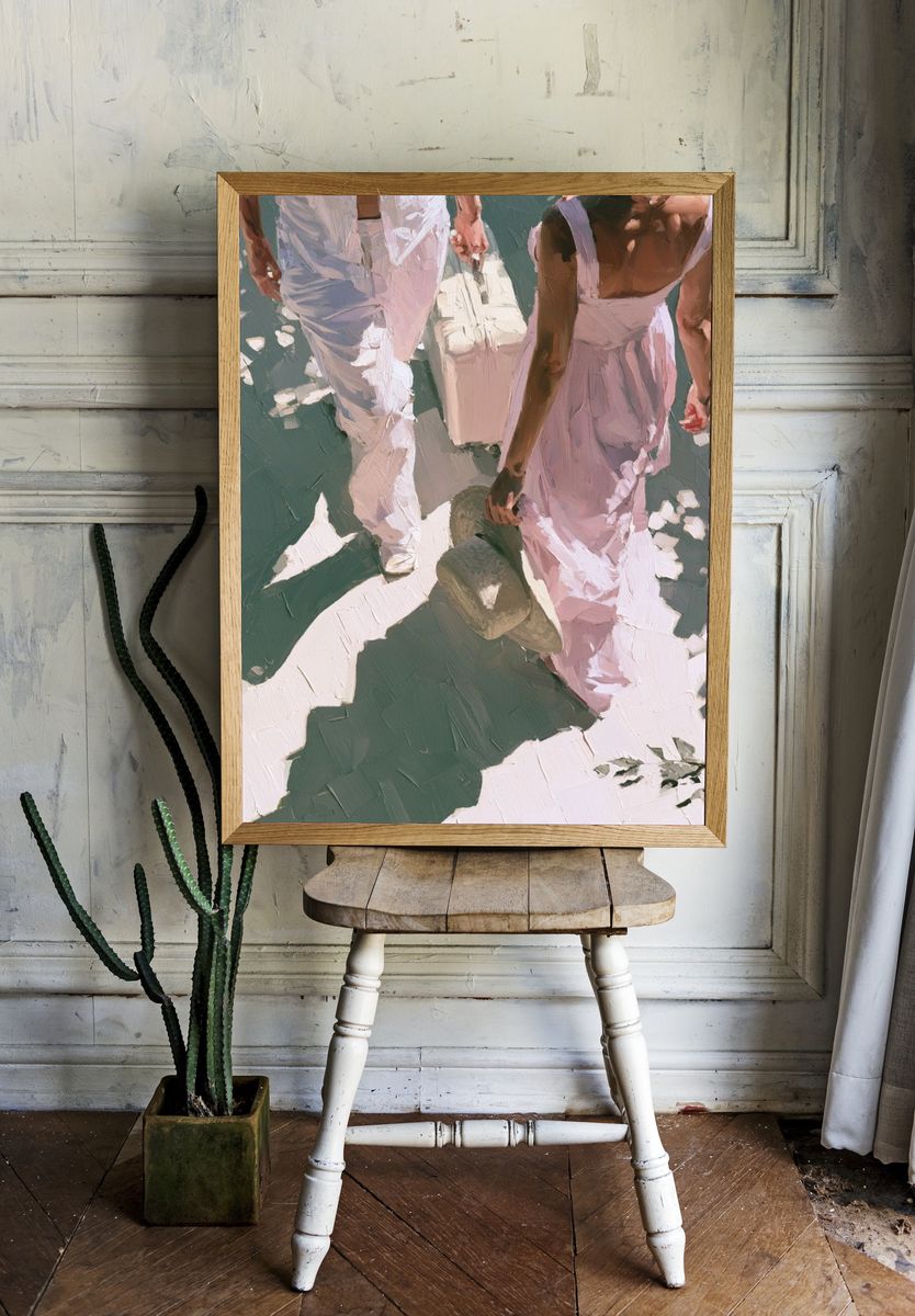 Couple Walking in Sunlit Street Poster. room preview