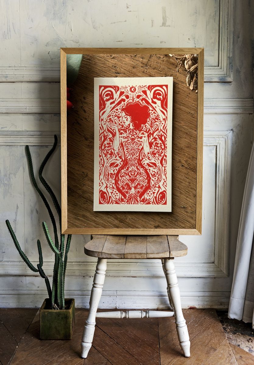 Red Ornamental Figure Print. room preview