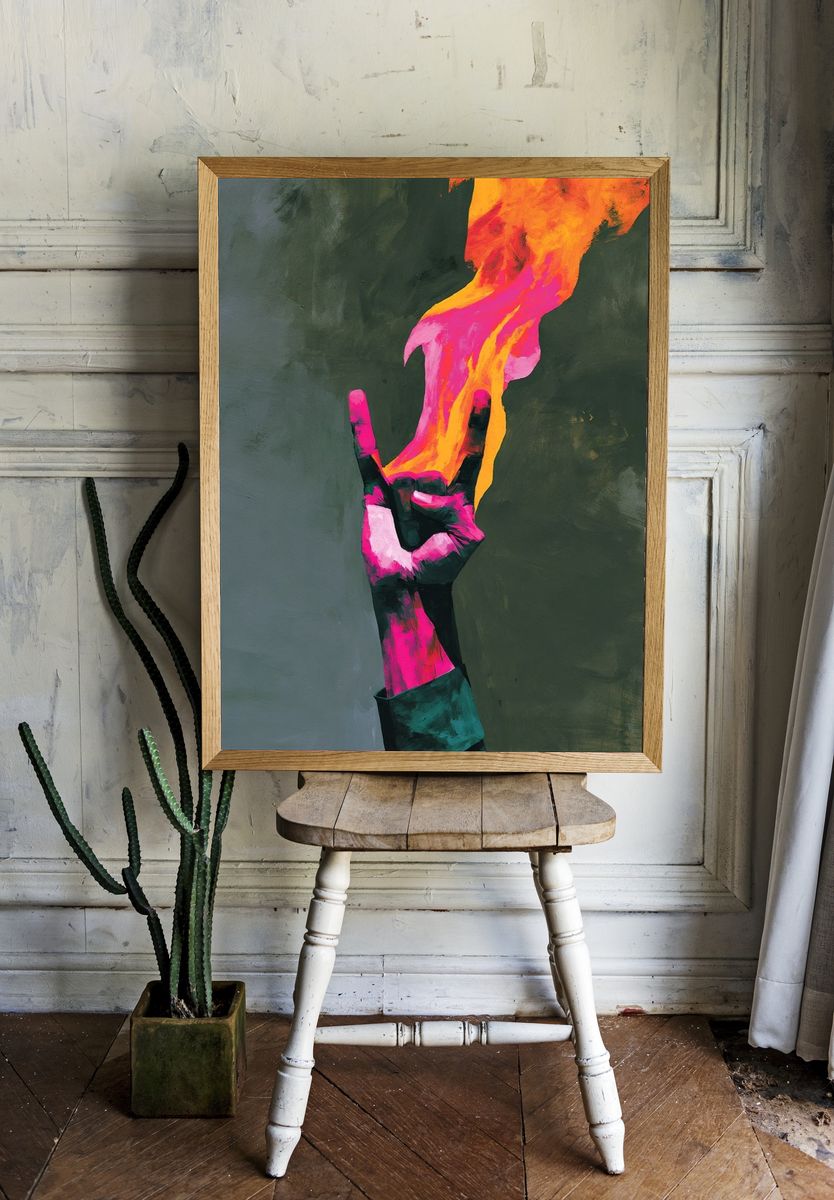 Neon Hand Flame Abstract Poster. — room view 1