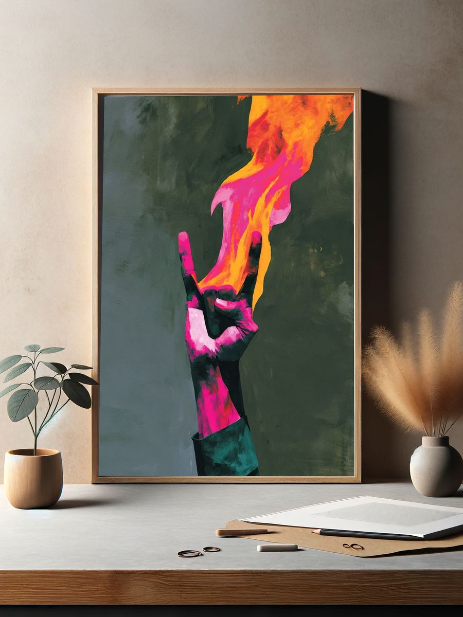 Neon Hand Flame Abstract Poster. — room view 2