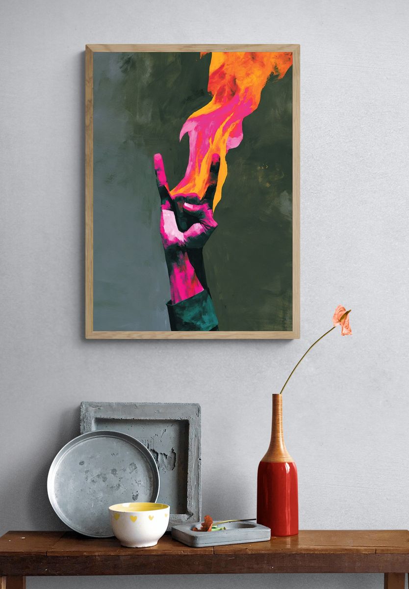 Neon Hand Flame Abstract Poster. — room view 3