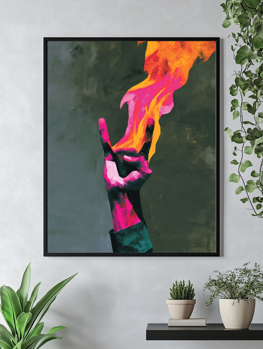 Neon Hand Flame Abstract Poster. — room view 4