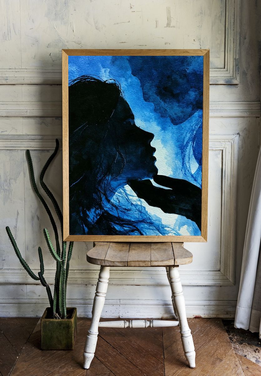 Blue Lovers Silhouette Illustration Poster. room preview