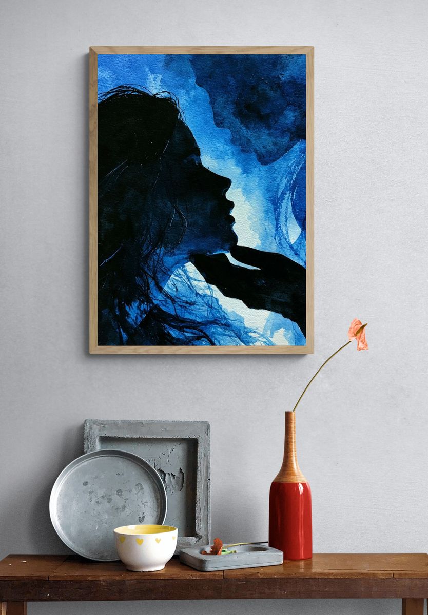 Blue Lovers Silhouette Illustration Poster. — room view 3