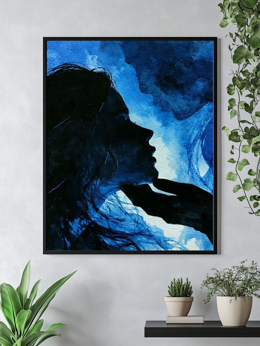 Blue Lovers Silhouette Illustration Poster. — room view 4