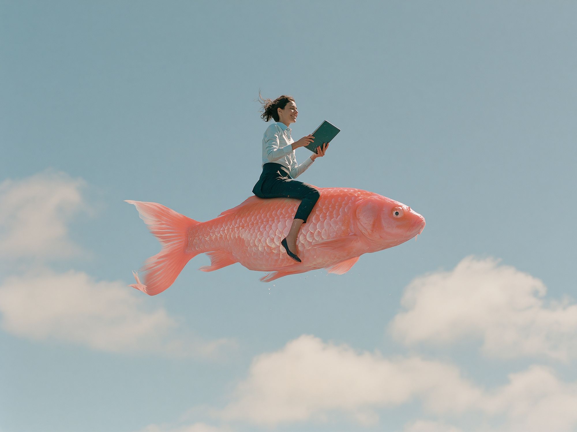 Woman Riding Giant Fish Surrealism Print. poster detail