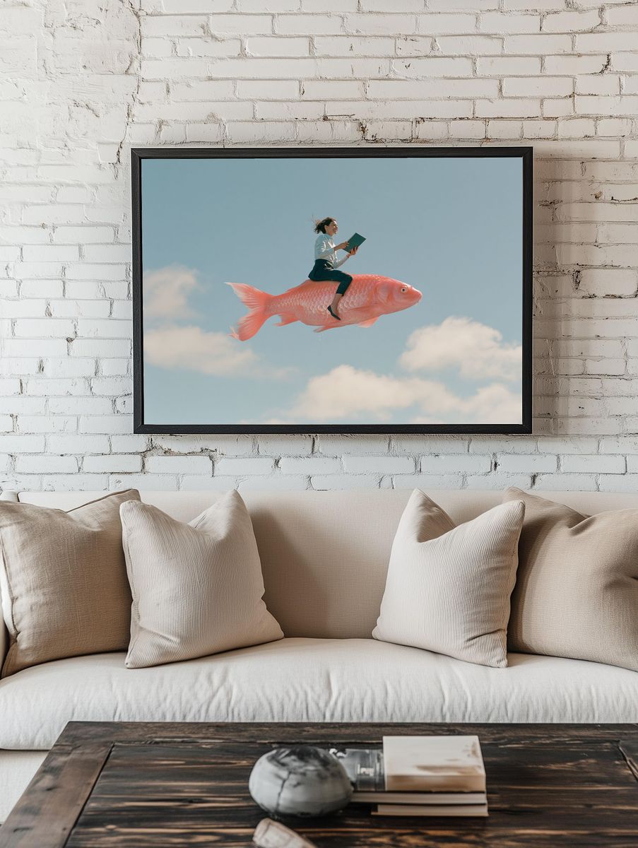 Woman Riding Giant Fish Surrealism Print. room preview