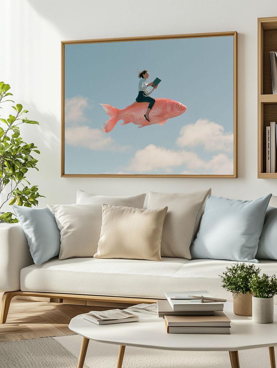 Woman Riding Giant Fish Surrealism Print. — room view 2