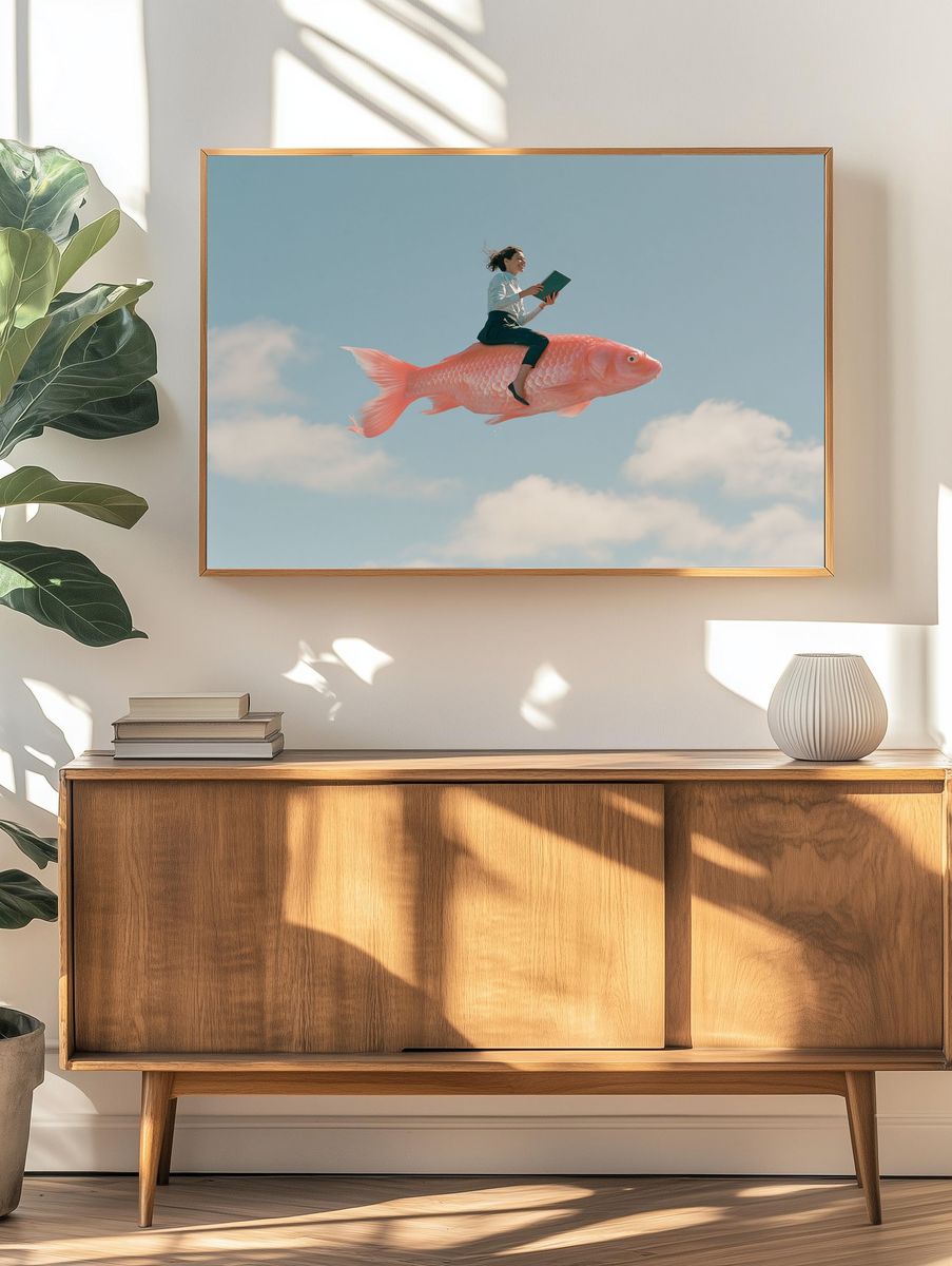 Woman Riding Giant Fish Surrealism Print. — room view 3