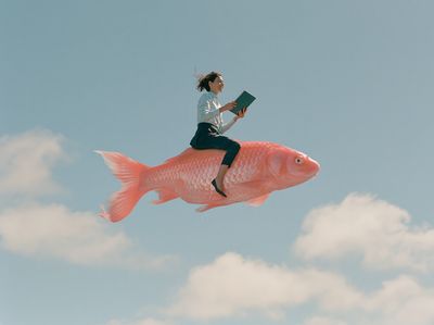 Woman Riding Giant Fish Surrealism Print. poster