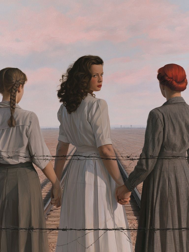 Three Women by the Fence Print. poster detail