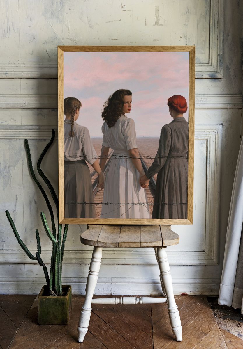 Three Women by the Fence Print. — room view 1