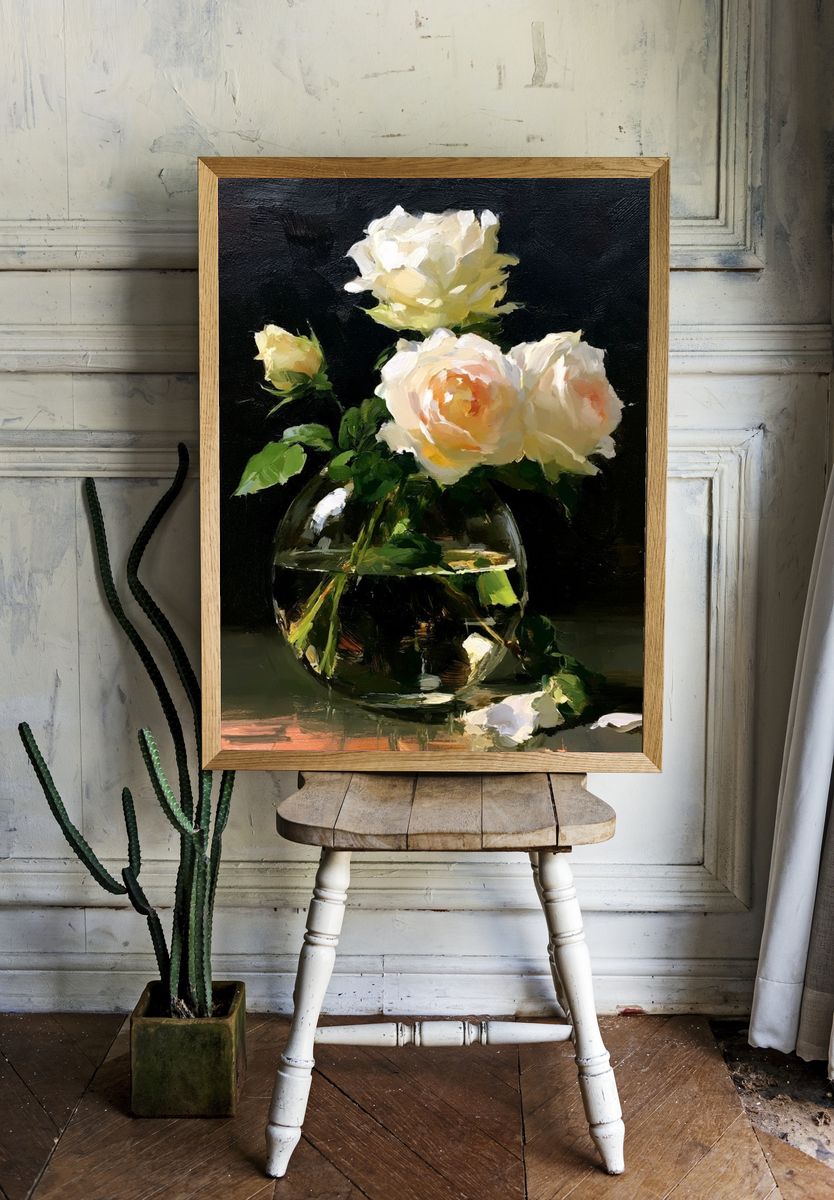 White Roses Still Life Poster. — room view 1