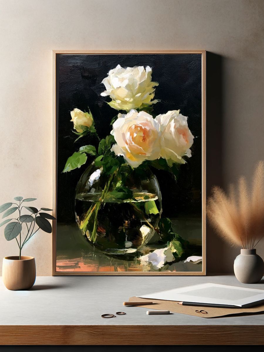 White Roses Still Life Poster. — room view 2