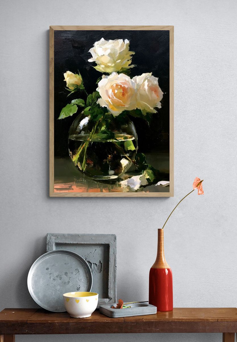 White Roses Still Life Poster. — room view 3