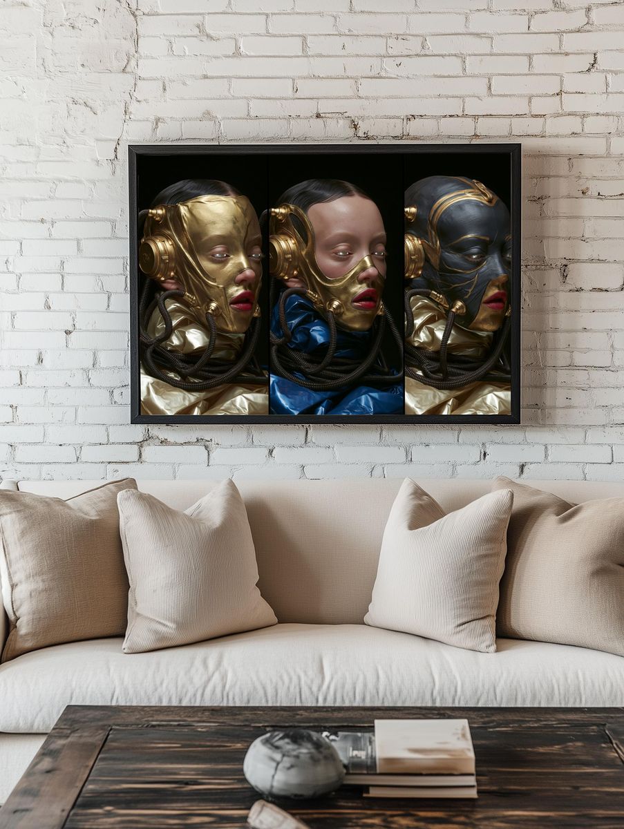 Surreal Gold Mask Portrait Print. room preview