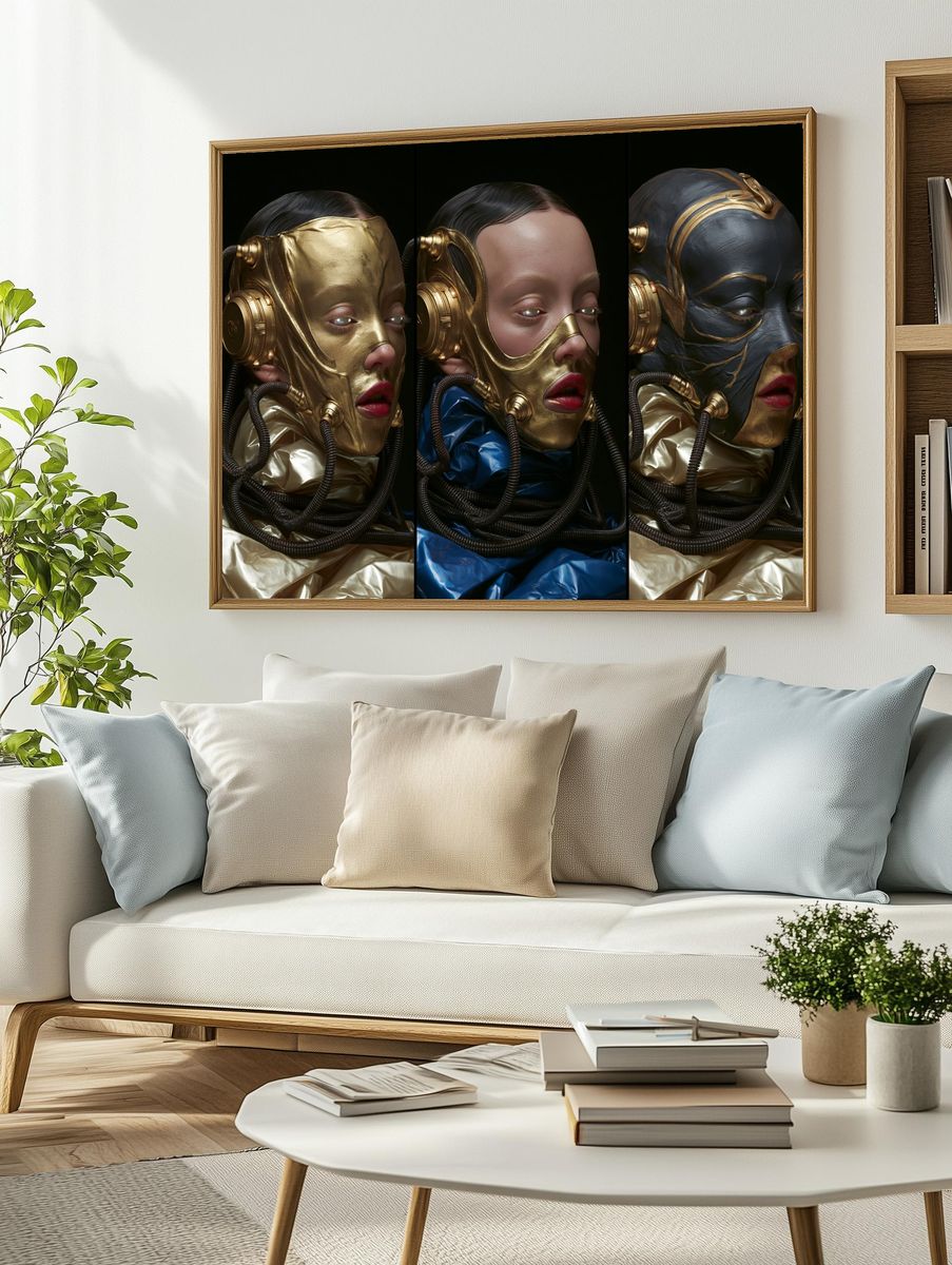 Surreal Gold Mask Portrait Print. — room view 2