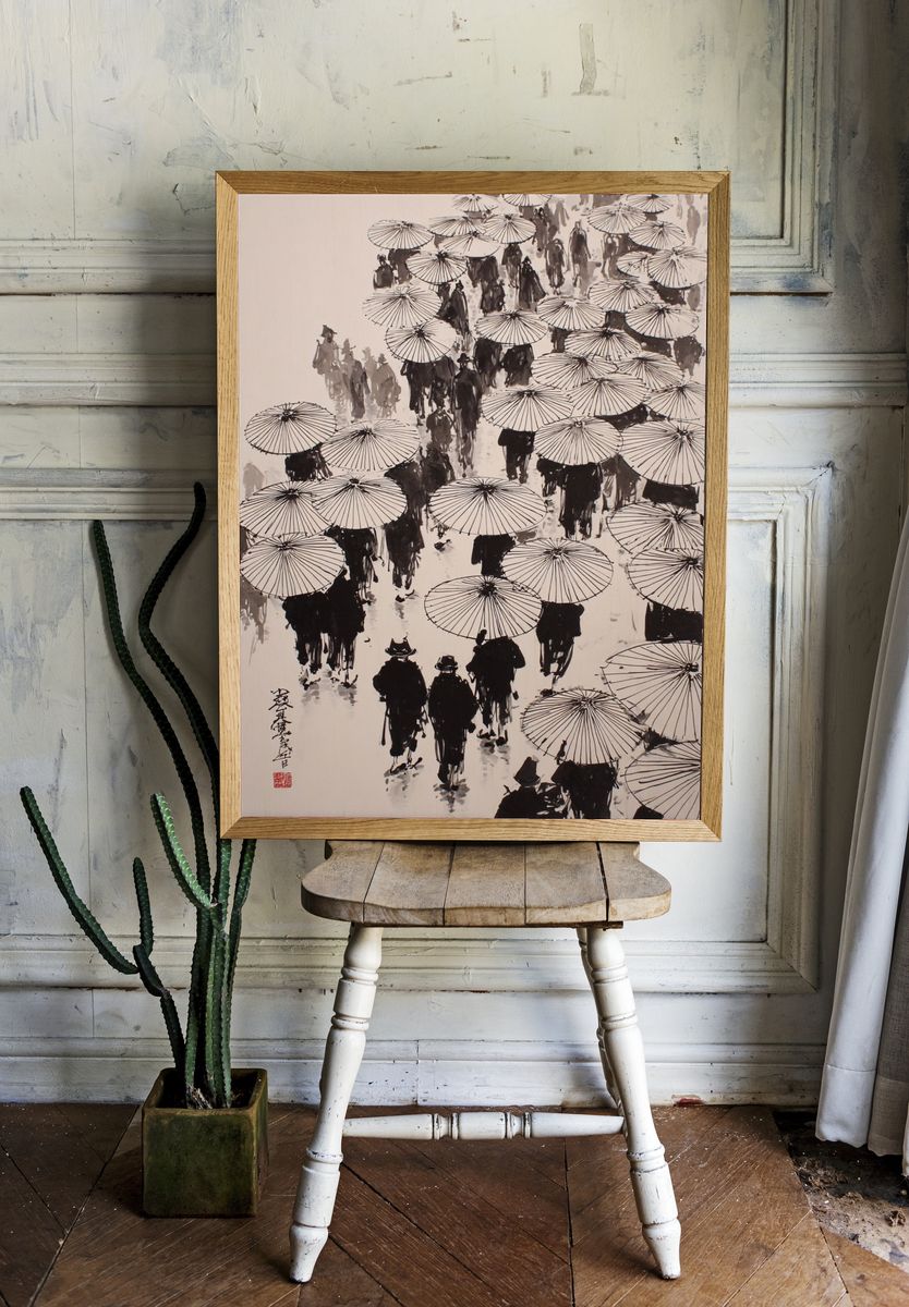 Umbrella Crowd Ink Poster. room preview