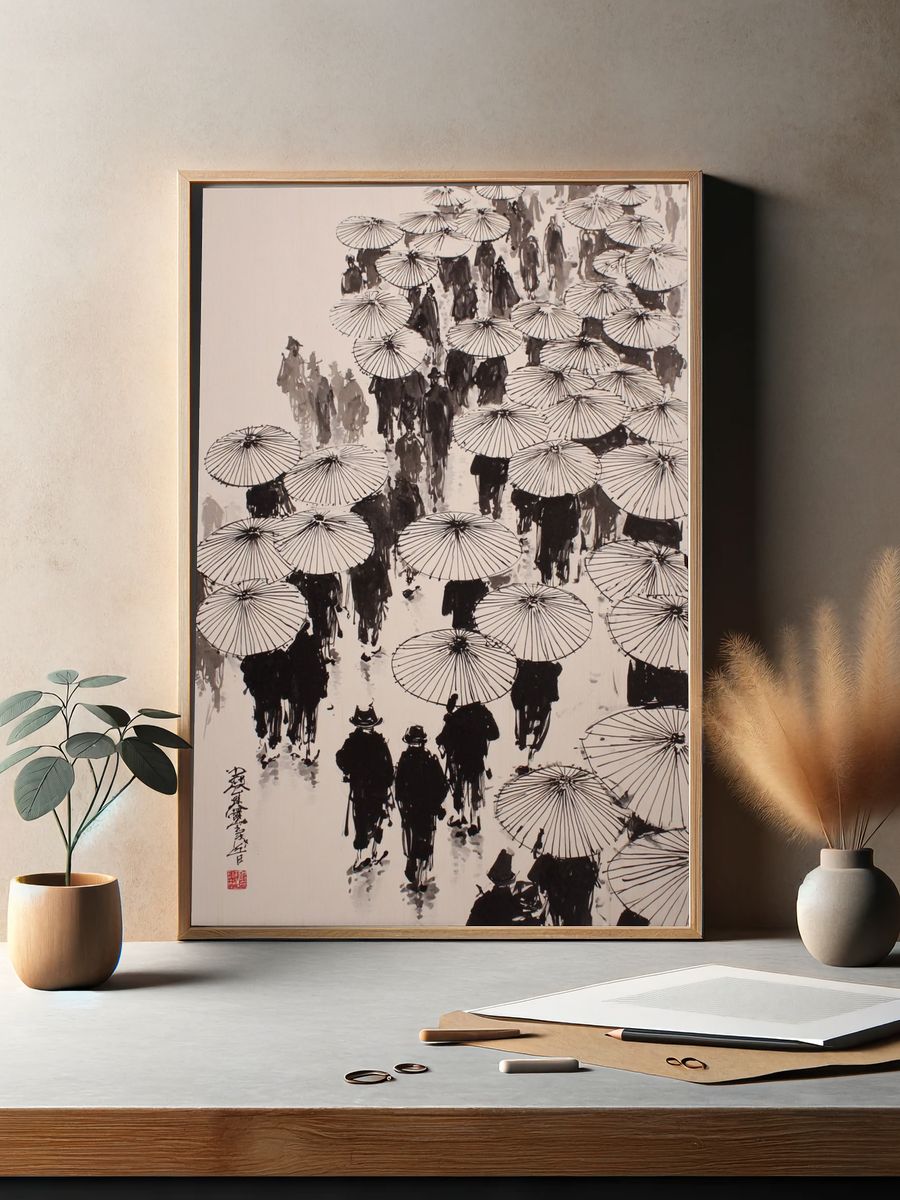 Umbrella Crowd Ink Poster. — room view 2
