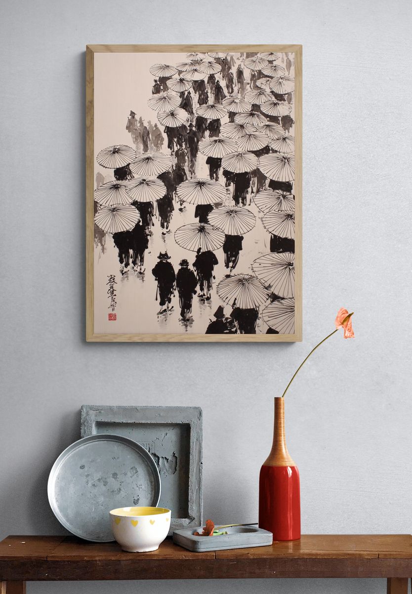 Umbrella Crowd Ink Poster. — room view 3