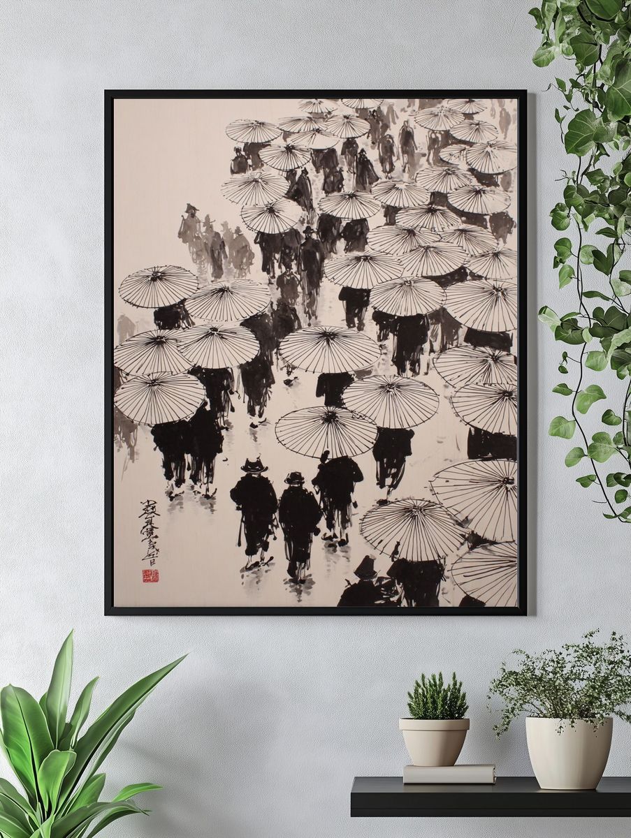 Umbrella Crowd Ink Poster. — room view 4