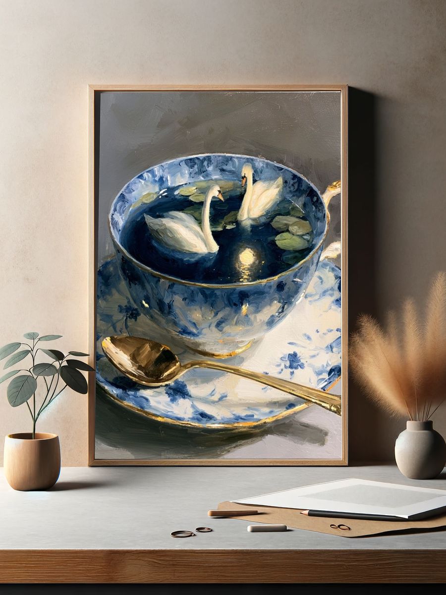 Swan Teacup Still Life Poster. — room view 2